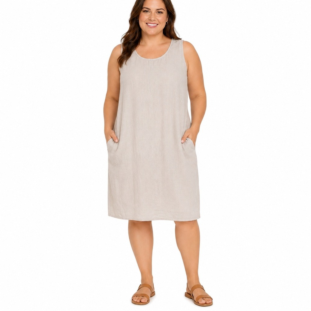J. Crew Dress Womens 18 Linen Sleeveless Shift Dress Beige Scoop Neck Pockets